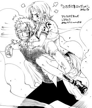 Rule 34 | 1boy, 1girl, 2022, angry, arabian clothes, armlet, bandaged arm, bandages, bare shoulders, battle damage, blood, blood on clothes, blood on face, blood on feet, blood on leg, bracelet, bruise, bruise on arm, bruise on face, bruise on leg, carrying, clenched teeth, commentary, dust cloud, greyscale, hair behind ear, hand on another's cheek, hand on another's face, harem outfit, highres, injury, jewelry, log pose, looking at another, monochrome, nami (one piece), nami (one piece) (alabasta), official alternate costume, one piece, open mouth, piggyback, puff of air, roronoa zoro, sandals, shirt, short hair, short sleeves, shoulder tattoo, single sidelock, skirt, squirtle e, sweatdrop, tattoo, teeth, translation request, v-shaped eyebrows