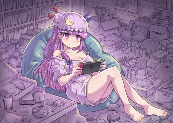 1girl bare_shoulders barefoot bean_bag_chair blue_bow blush book bookshelf bow bowl breasts can chopsticks cleavage closed_mouth colonel_aki commentary_request contemporary controller crescent crescent_hat_ornament drink_can food hair_bow handheld_game_console hat hat_ornament holding holding_handheld_game_console large_breasts long_hair messy_room mob_cap off-shoulder_sweater off_shoulder patchouli_knowledge pizza pizza_box pizza_slice purple_eyes purple_hair purple_sweater remote_control short_sleeves sitting solo sweater table tissue_box toes touhou trash_bag very_long_hair