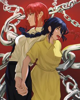 Rule 34 | 2girls, absurdres, back-to-back, black necktie, black pants, blue hair, braid, breasts, chain, chainsaw man, closed mouth, collared shirt, commentary, dress, hair between eyes, highres, holding hands, interlocked fingers, light smile, long hair, makima (chainsaw man), medium breasts, multiple girls, nayuta (chainsaw man), necktie, open mouth, orange eyes, pants, red background, red hair, shirt, short sleeves, sidelocks, single braid, symbol-only commentary, tongue, tongue out, white shirt, yellow dress, yurayuracocco