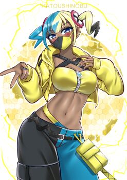 1girl absurdres aqua_hair bandeau belt black_mask blonde_hair breasts canari_(pokemon) checkered_background cleavage criss-cross_halter crop_top curly_sidelocks english_text fake_hair_bun halterneck highres jacket katou_shinobu large_breasts mask mega_ring mega_stone midriff mouth_mask multicolored_hair navel nintendo pants pokemon pokemon_legends:_z-a solo split-color_clothes split-color_hair stomach strapless tube_top twintails two-tone_hair two-tone_mask yellow_background yellow_bandeau yellow_jacket yellow_mask yellow_tube_top