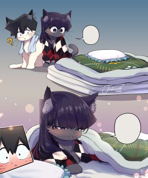 ? absurdres animal_focus animalization black_hair blank_speech_bubble blanket blush brown_hair cat commentary gradient_background grey_background half-closed_eyes highres j_humbo komi-san_wa_komyushou_desu komi_shouko no_humans pillow scene_reference speech_bubble symbol-only_commentary tadano_hitohito teeth towel