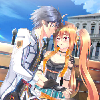 1boy 1girl ahoge antenna_hair bare_shoulders bench black_gloves black_hair blue_sky blush breasts brown_hair building cleavage close-up cloud coat commentary commission cropped_jacket detached_sleeves double-parted_bangs eiyuu_densetsu embarrassed english_commentary estelle_bright fingerless_gloves front_zipper ganerz gloves hair_between_eyes hair_intakes highres hug long_hair long_sleeves male_focus medium_breasts mullet outdoors park_bench parted_bangs pendant_choker purple_eyes rean_schwarzer red_eyes second-party_source sen_no_kiseki_(series) short_hair sitting sky very_long_hair