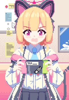 1girl animal_ear_headphones animal_ears animated animated_gif black_skirt blonde_hair blue_archive blue_necktie blush bow cat_ear_headphones cat_ears cat_tail cloud collared_shirt fake_animal_ears fake_tail hair_bow halo handheld_game_console headphones holding indoors jacket long_sleeves low-tied_sidelocks momoi_(blue_archive) necktie o_o open_mouth piao_mao pink_eyes pink_halo pixel_art pleated_skirt shirt short_hair sidelocks skirt sky smile solo tail white_jacket white_shirt whiteboard window