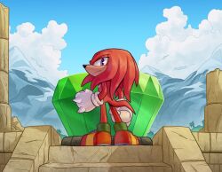Rule 34 | 1boy, aideneye99, blue sky, broken pillar, cloud, day, furry, furry male, gloves, highres, knuckles the echidna, master emerald, mountainous horizon, outdoors, purple eyes, red footwear, red fur, ruins, shoes, sky, solo, sonic (series), stairs, standing, stone pillar, tail, two-tone footwear, white gloves, yellow footwear
