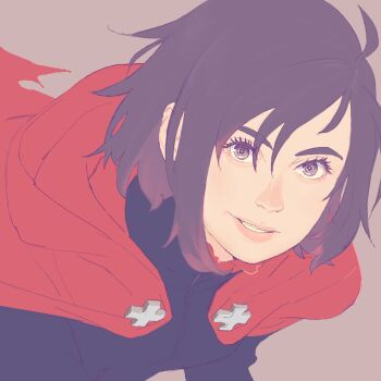 1girl 55bata6rou black_hair cape eyelashes grey_background grey_eyes hair_between_eyes highres looking_at_viewer parted_lips pink_lips red_cape ruby_rose rwby short_hair simple_background smile solo upper_body