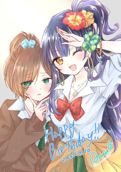 1boy 1girl 3-nyan absurdres alternate_eye_color alternate_hairstyle androgynous black_hair blue_nails blush boku_no_kokoro_no_yabai_yatsu bow bowtie bracelet brown_cardigan brown_eyes cardigan cardigan_around_waist clothes_around_waist collarbone collared_shirt commentary cube_hair_ornament dated earrings eyes_visible_through_hair finger_to_own_chin fingernails flower green_eyes green_necktie gyaru hair_flower hair_ornament hair_over_one_eye hand_up happy_birthday hetero high_ponytail highres hoop_earrings ichikawa_kyoutarou jewelry long_fingernails long_sleeves loose_bowtie mole mole_on_neck multiple_moles nail_polish necklace necktie one_eye_closed ponytail red_bow red_bowtie red_nails scrunchie shirt signature twitter_username upper_body white_shirt wrist_scrunchie yamada_anna