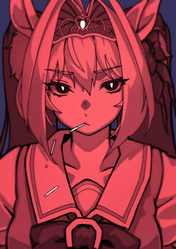 1girl absurdres animal_ears antenna_hair blue_background bow bowtie commentary_request daiwa_scarlet_(umamusume) hair_between_eyes hair_intakes highres horse_ears horse_girl horseshoe_ornament limited_palette long_hair looking_at_viewer red_theme sailor_collar sailor_shirt school_uniform shirt solo tiara tracen_school_uniform twintails umamusume utsuke_(u_tuk_e) v-shaped_eyebrows very_long_hair