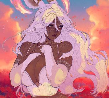 1girl animal_ears au_ra blush breasts bridal_gauntlets brown_eyes circlet closed_mouth corset dark-skinned_female dark_skin final_fantasy final_fantasy_xiv floating_hair fusion hands_on_own_chest highres horns huge_breasts lingerie long_hair monster_girl nose_blush own_hands_together rabbit_ears scales solo sparkle underwear viera warrior_of_light_(ff14) white_bridal_gauntlets white_hair yiiande