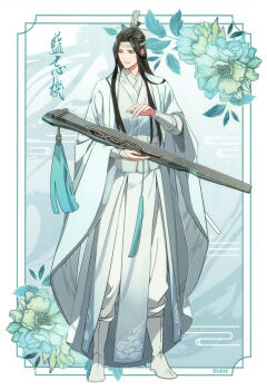 Rule 34 | 1boy, absurdres, bishounen, black hair, blue flower, boots, border, character name, chinese clothes, chinese text, closed mouth, coat, copyright notice, flower, full body, gearous, guqin, hand up, hanfu, headband, highres, holding, holding instrument, instrument, lan wangji, leaf, light smile, long hair, long sleeves, looking at viewer, looking down, male focus, modao zushi, music, official art, open clothes, open coat, pants, playing instrument, robe, sidelocks, solo, standing, tassel, third-party source, topknot, wangji guqin, white boots, white coat, white hanfu, white headband, white pants, wide sleeves, xiao guan (headdress), yaopei, yellow eyes