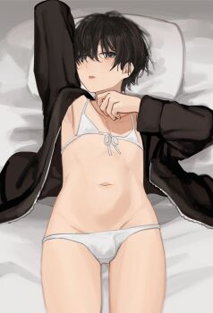 1boy armpits bed_sheet bikini black_hair black_jacket blush bulge collarbone commentary_request cowboy_shot crossdressing crossdressing_(mtf) geki_(sunaba_(nczd5875)) grey_eyes hair_between_eyes hair_over_one_eye head_on_pillow highres jacket long_sleeves looking_at_viewer lying male_focus navel on_back open_clothes open_jacket open_mouth original partial_commentary pectoral_cleavage pectorals pillow short_hair solo sunaba_(nczd5875) swimsuit white_bikini