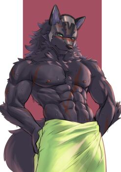 1boy abs animal_ears bara blush closed_mouth cross_scar furry furry_male hashtag-only_commentary helmet highres looking_at_viewer male_focus multiple_scars muscular muscular_male navel nipples pectorals rolf_(world_flipper) scar scar_on_arm scar_on_chest scar_on_shoulder scar_on_stomach tail topless_male towel towel_around_waist wet wnhfduvnn7eo6be wolf_boy wolf_ears wolf_tail world_flipper