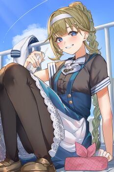 1girl black_pantyhose black_shirt blue_sky braid brown_shoes clenched_teeth cloud drink_carton grin hanabusa_lisa highres holding holding_milk_carton loafers long_hair long_skirt looking_at_viewer lunchbox milk_carton outdoors pantyhose ringozeri shirt shoes short_sleeves sitting skirt sky smile solo teeth unworn_clothes virtual_youtuber vspo!