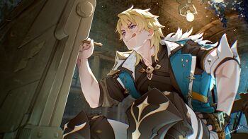 1boy :q aqua_jacket blonde_hair blue_eyes brown_gloves brown_pants brown_shirt drawing_(action) fingerless_gloves fur_trim genshin_impact gloves highres jacket leg_armor long_hair male_focus pants shirt shokun_2 single_glove solo tongue tongue_out varka_(genshin_impact)