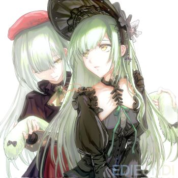 2girls animal_ears arknights ascot bang_dream! bang_dream!_it&#039;s_mygo!!!!! beret black_bonnet black_capelet black_dress bonnet brooch capelet dress dual_persona ediun floppy_ears gothic_lolita green_hair hair_ornament hat highres holding_ears jewelry lolita_fashion long_hair long_sleeves looking_at_another looking_back mortis_(bang_dream!) mortis_(costume)_(bang_dream!) mortis_(persona)_(bang_dream!) multiple_girls rabbit_ears rabbit_girl red_hat sidelocks simple_background wakaba_mutsumi wakaba_mutsumi_(marionette&#039;s_id) white_ascot white_background x_hair_ornament yellow_eyes