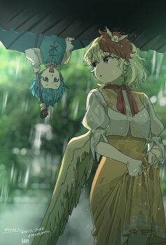 2girls animal animal_on_head ascot baby_animal bird blonde_hair blue_hair brown_eyes chick dress forest highres irohasu_(sasagarasu) multicolored_eyes multicolored_hair multiple_girls nature niwatari_kutaka on_head rain red_ascot squeezing tatara_kogasa touhou umbrella upside-down wet wet_clothes wings yellow_dress yellow_wings