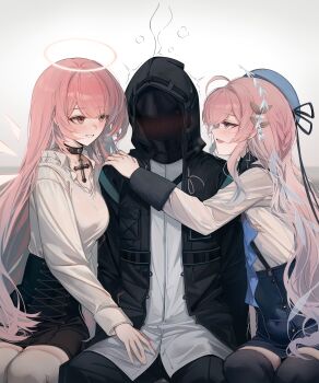 1other 2girls absurdres arknights beret black_choker black_jacket black_skirt blue_eyes blue_hat blue_skirt blush choker cross cross_choker doctor_(arknights) embarrassed flirting hair_ornament halo hat highres hood hooded_jacket jacket lemuen_(arknights) long_hair long_sleeves lucilla_(arknights) lucilla_(tidal_bore)_(arknights) mask multiple_girls official_alternate_costume open_clothes open_jacket pink_eyes pink_hair shirt shokuyou_koori skirt suspender_skirt suspenders white_shirt