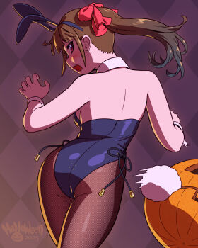 1girl animal_ear_hairband animal_ears ass black_pantyhose blue_leotard brown_hair checkered_background detached_collar detached_tail fake_animal_ears fishnet_pantyhose fishnets from_behind fukusuke_hachi-gou hairband highres jack-o&#039;-lantern leotard long_hair original pantyhose playboy_bunny ponytail pumpkin purple_eyes rabbit_ears rabbit_tail ribbon side-tie_leotard strapless strapless_leotard tail wrist_cuffs