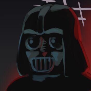 1girl atsuko&#039;s_grin_(meme) atsuko_(blue_archive) black_background blue_archive cosplay darth_vader darth_vader_(cosplay) gradient_background grey_halo halo helm helmet meme parody red_background rocktide sith solo star_halo star_wars