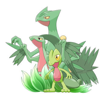 absurdres black_eyes colored_sclera evolutionary_line gen_3_pokemon grovyle highres nintendo no_humans plant pokemon pokemon_(creature) sceptile simple_background tozimete_yauyu treecko white_background yellow_sclera