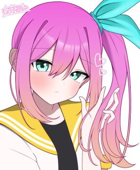 1girl alternate_hairstyle amatomato_0141 artist_name aubrey_(faraway)_(omori) aubrey_(omori) blue_eyes blue_ribbon closed_mouth commentary_request double-parted_bangs hair_between_eyes hair_ribbon heart highres jacket long_hair looking_at_viewer omori open_clothes open_jacket pink_hair ribbon short_hair side_ponytail sidelocks simple_background solo upper_body white_background white_jacket