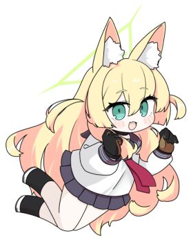 1girl :d animal_ear_fluff animal_ears black_gloves black_socks blonde_hair blue_archive blush_stickers chibi fang fox_ears full_body gloves green_eyes grey_sailor_collar grey_skirt hair_between_eyes halo kurumi_(blue_archive) long_hair long_sleeves looking_at_viewer miranofuudoria open_mouth pleated_skirt puffy_long_sleeves puffy_sleeves sailor_collar shirt shoes simple_background skirt smile socks solo two_side_up very_long_hair white_background white_shirt white_shoes