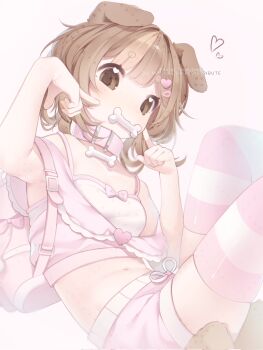 1girl animal_ears backpack bag bone bone_in_mouth brown_eyes brown_hair collar commentary commission dog_ears dog_girl hair_ornament heart heart_hair_ornament highres looking_at_viewer midriff navel original pastel_teddybear pink_collar shorts simple_background solo thighhighs watermark white_background