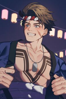 Rule 34 | 1boy, abs, absurdres, alternate costume, arms up, bare pectorals, blue eyes, blue kimono, brown hair, chest tattoo, collarbone, commentary request, dog tags, facial scar, festival, forked eyebrows, grin, highres, japanese clothes, kimono, lantern, looking to the side, luke sullivan, male focus, nejiri hachimaki, nteeth, open clothes, open kimono, paper lantern, pectorals, prat rat, sarashi, scar, scar across eye, scar on cheek, scar on face, short hair, smile, solo, street fighter, street fighter 6, tattoo, upper body
