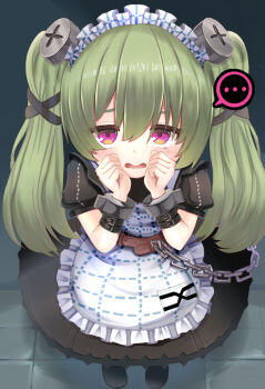 ... 1girl apron belt black_dress blush chain commentary_request corin_wickes dress foreshortening from_above full_body green_hair hair_between_eyes highres long_hair looking_at_viewer maid maid_headdress oisuter165hamu open_mouth puffy_short_sleeves puffy_sleeves purple_eyes screw_hair_ornament short_sleeves shy solo twintails white_apron zenless_zone_zero
