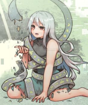 1girl bare_shoulders commentary_request dress ginnkei gradient_clothes gradient_dress hair_between_eyes hand_up index_finger_raised long_hair parted_lips red_eyes sitting sleeveless sleeveless_dress solo touhou wariza watermark white_hair yuiman_asama