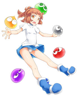 1girl :o arle_nadja blob brown_hair flat_chest full_body half_updo highres madou_monogatari orange_eyes panties pantyshot puyo_(puyopuyo) puyopuyo see-through_clothes shirt shoes short_hair skirt underwear upskirt white_background white_panties wolfdale