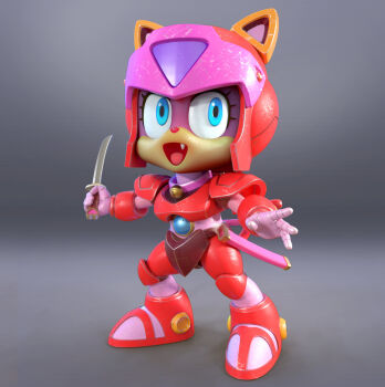 3d animal_ears armor armored_boots armored_gloves armored_legwear bell blue_eyes blue_gemstone boots breastplate cat cat_ears cat_tail collar fang franciscomendoza full_armor gem grey_background helmet highres holding holding_sword holding_weapon katana knee_pads kyatto_ninden_teyandee looking_to_the_side neck_bell ninjatou open_mouth pink_fur plate_armor pururun_(kyatto_ninden_teyandee) red_armor scabbard sharp_teeth sheath short_sword shoulder_armor simple_background smile sword tail teeth tongue upper_teeth_only weapon