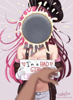 1boy 1girl belt black_hat breasts brown_hair cleavage cream cslucaris english_text food food_on_face gloves grey_background grey_scarf hat highres holding holding_sign in_the_face large_breasts long_hair midriff misunderstanding motion_blur multicolored_hair navel neopolitan_(rwby) off-shoulder_jacket off_shoulder pants pie_in_face pink_hair pov pov_hands pun rwby scarf sign simple_background solo split-color_hair stomach suspenders throwing two-tone_hair very_long_hair white_belt white_gloves white_pants