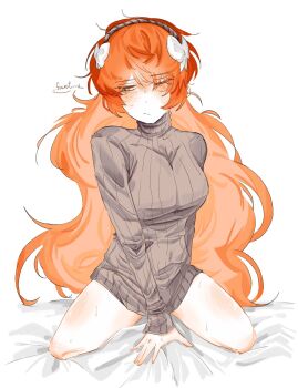 1girl :/ averting_eyes blush breasts brown_hairband character_name commentary dot_nose flower full_body grey_sweater hair_flower hair_ornament hairband highres ibispaint_(medium) ishmael_(project_moon) kneeling large_breasts limbus_company long_hair making-of_available naked_shirt naked_sweater on_bed one_eye_closed orange_hair project_moon ribbed_sweater rotten_fruit1 shirt shy sidelocks simple_background solo straight-on sweat sweater turtleneck turtleneck_sweater white_background white_flower yellow_eyes