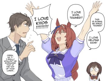 Rule 34 | 1boy, 2girls, animal ears, arms up, blank stare, bow, braid, braided ponytail, ear bow, ear ornament, ear ribbon, highres, holding, holding notebook, holding pen, horse ears, horse girl, maven (madeinheaven 23), multiple girls, notebook, open mouth, otonashi etsuko, parody, pen, puffy short sleeves, puffy sleeves, purple sailor collar, purple serafuku, purple shirt, sailor collar, school uniform, serafuku, shirt, short sleeves, smiling friends, super creek (umamusume), tracen school uniform, trainer (umamusume), umamusume, white background