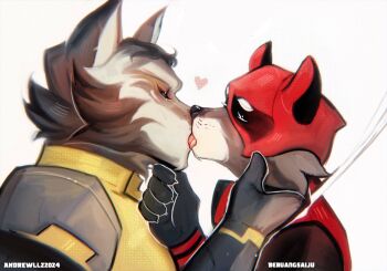 2boys andrewllz_(sleepyandrewllz) animal_ears artist_name closed_eyes commentary deadpool deadpool_&amp;_wolverine deadpool_(series) english_commentary english_text facing_viewer french_kiss from_side furrification furry furry_male heart highres kiss male_focus marvel multiple_boys profile raccoon_boy upper_body white_background wolf_boy wolf_ears wolverine_(x-men) x-men yaoi