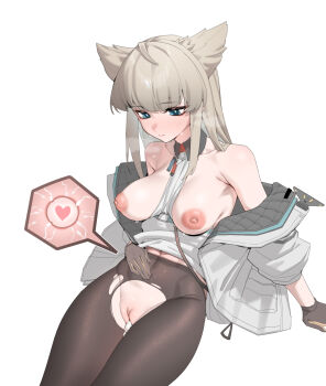 1girl arknights arknights:_endfield black_gloves black_pantyhose blue_eyes breasts coat commentary_request fertilization gloves grey_hair head_wings highres long_coat long_hair long_sidelocks nipples off_shoulder open_clothes open_coat ovum pantyhose perlica_(arknights) sidelocks simple_background small_breasts solo torn_clothes torn_pantyhose vaginal white_background wings wohaimeiyou