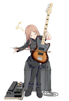 1girl absurdres amplifier anglediana asymmetrical_sleeves bang_dream! bang_dream!_it's_mygo!!!!! bass_guitar black_boots blush boots bow_(music) brown_hair cable chinese_commentary closed_eyes closed_mouth commentary_request cosplay crossed_legs effects_pedal full_body girls_band_cry highres instrument instrument_connection long_sleeves mismatched_sleeves music nagasaki_soyo pedal_board playing_bass_guitar playing_instrument rupa_(girls_band_cry) rupa_(girls_band_cry)_(cosplay) short_hair short_sleeves sidelocks simple_background sitting solo thigh_boots white_background you're_doing_it_wrong