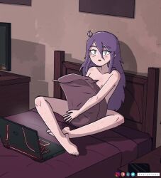 1girl animated artist_name barefoot bed blue_eyes blue_hair breasts caught completely_nude computer embarrassed english_text feet female_masturbation focused hairy hairy_legs instagram_logo keetydraws laptop long_hair looking_at_viewer masturbation messy_hair nipples notebook nude on_bed original patreon_logo pillow rubbing sitting source_request surprised tagme toes tumblr_logo twitter_logo unkempt video watch