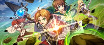 2boys 2girls :d ahoge armor armored_boots belt black_gloves black_hairband black_pants black_skirt blonde_hair blue_armor blue_eyes blue_sky boots braid breasts brown_belt brown_boots brown_hair cape cleavage_cutout cloak closed_mouth clothing_cutout cloud cloudy_sky collarbone crossover day eris_greyrat game_cg geokinesis gloves grasslands green_cape green_eyes green_hairband grey_robe hair_between_eyes hairband highres holding holding_staff holding_sword holding_weapon hooded_robe iris_(konosuba) jacket kono_subarashii_sekai_ni_shukufuku_wo! konosuba!_fantastic_days landscape long_hair long_sleeves looking_at_viewer mage_staff magic miniskirt mole mole_under_eye mountain multiple_boys multiple_girls mushoku_tensei official_art open_mouth outdoors outstretched_arm pants parted_bangs red_eyes red_hair red_shorts robe rudeus_greyrat satou_kazuma serious shade shirt short_hair shorts side-by-side side_braid sidelocks skirt sky small_breasts smile staff standing sword v-shaped_eyebrows vambraces weapon white_cloak white_jacket white_shirt