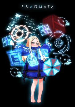 1girl :3 aqua_eyes bare_legs barefoot black_background blonde_hair blue_coat blush closed_mouth coat commentary copyright_name diana_(pragmata) full_body gram_9 highres holographic_interface long_hair long_sleeves outer_glow outstretched_arms padded_coat parted_bangs pragmata solo spread_arms standing umbrella_corporation_logo v-shaped_eyebrows