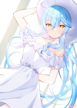 Rule 34 | 1girl, absurdres, ahoge, aqua belt, aqua hair, arm behind back, arm up, belt, breasts, choker, closed mouth, collarbone, commentary request, dress, drop.b, elf, hair between eyes, hat, heart, heart ahoge, highres, hololive, long hair, looking at viewer, pointy ears, smile, solo, sun hat, very long hair, virtual youtuber, white choker, white dress, white hat, yellow eyes, yukihana lamy