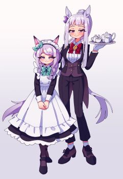 2girls absurdres alternate_costume animal_ears apron aqua_bow black_dress black_jacket black_pants black_vest blunt_bangs blush bow braid breasts butler closed_mouth commentary cup dress ear_bow ear_ribbon english_commentary full_body gloves gold_ship_(umamusume) grey_hair headdress highres holding holding_tray horse_ears horse_girl horse_tail jacket kitnoko long_hair long_sleeves looking_at_viewer maid maid_apron mejiro_mcqueen_(umamusume) multiple_girls pants ponytail ponytail_with_braided_base purple_bow purple_eyes purple_hair shirt shoes simple_background smile socks tail teacup teapot tray umamusume vest white_apron white_gloves white_shirt white_socks