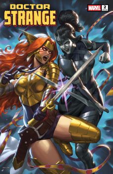 Rule 34 | 2girls, absurdres, angela (marvel), armor, armored boots, belt, black bodysuit, black gloves, black hair, black leotard, black lips, black loincloth, blue background, bodysuit, boots, breastplate, brown belt, character request, clash, colored skin, comic cover, company name, copyright logo, copyright name, cover, cover page, curly hair, doctor strange (series), ejikure, english text, facepaint, fighting, gloves, gold armor, gold boots, grey armor, grey boots, highres, holding, holding sword, holding weapon, leotard, logo, long hair, makeup, marvel, multiple girls, no pupils, official art, open mouth, orange hair, pelvic curtain, ponytail, sword, sword clash, thigh boots, thor (marvel) (series), weapon, white eyes, white skin, winged headwear