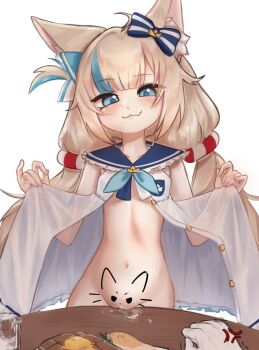 1girl anger_vein animal_ears blonde_hair blush cat_ears clothes_lift diiaphy_alt do_you_want_to_pet_my_cat_(meme) dress fang fins fish_tail flat_chest food indie_virtual_youtuber lifebuoy_hair_ornament lifting_own_clothes loli long_hair long_twintails meat navel open_clothes open_dress pussy sameko_saba simple_background skin_fang smile smug standing stomach table tail thighs twintails uncensored virtual_youtuber white_background