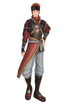 10s 1boy 3d bandana brown_eyes brown_hair hand_on_own_hip hand_on_neck highres klein_(sao) male_focus official_art short_hair sword_art_online sword_art_online:_hollow_realization white_background