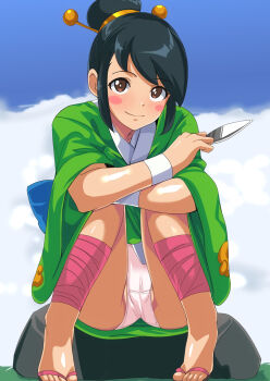 Rule 34 | 1girl, ankle wrap, ayame (power stone), bandages, blush, blush stickers, bow, bright pupils, brown eyes, closed mouth, collarbone, commission, feet, full body, hair bun, hair ornament, hairpin, highres, hugging own legs, japanese clothes, looking at viewer, navel, panties, pantyshot, power stone, short hair, sidelocks, single hair bun, skeb commission, skirt, smile, solo, tirasi (so), underwear