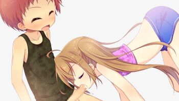 1boy 1girl ahoge aoi_aruma bent_over blue_shorts blush breasts brown_hair censored closed_eyes collarbone cowboy_shot cum cum_in_mouth ejaculation embarrassed fellatio from_side game_cg green_tank_top grey_background hair_between_eyes hair_ornament hairclip izuno_shiun_(jissai_no_tokoro) jissai_no_tokoro kodomo_doushi large_variant_set loli long_hair mosaic_censoring open_mouth oral orgasm penis pink_tank_top red_hair short_hair shorts shota sidelocks simple_background small_breasts standing tank_top twintails v-shaped_eyebrows variant_set very_long_hair very_short_hair