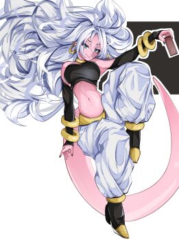 Rule 34 | 1girl, absurdres, bare shoulders, black tube top, blue eyes, breasts, chocolate, colored skin, commentary, dragon ball, dragon ball fighterz, earrings, english commentary, food, full body, highres, holding, holding chocolate, holding food, hoop earrings, jewelry, large breasts, long hair, molu (molu-molu), navel, pants, pink skin, pink tail, pointy ears, simple background, solo, strapless, tube top, white background, white hair, white pants