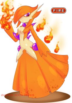 1girl absurdres alternate_element arm_at_side artist_name breasts burningmoonworks closed_mouth colored_skin dot_mouth english_text female_focus fire full_body gardevoir gen_3_pokemon hair_over_one_eye hand_up highres looking_to_the_side multicolored_skin nintendo one_eye_covered orange_hair orange_skin pokemon pokemon_(creature) purple_eyes pyrokinesis short_hair small_breasts solo sparkle standing two-tone_skin watermark white_background yellow_skin