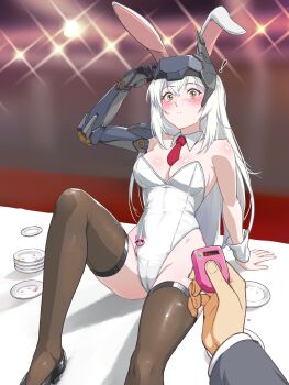 ! 1boy 1girl animal_ears bare_arms bare_shoulders black_footwear blush breasts brown_thighhighs commentary controller english_commentary goddess_of_victory:_nikke hair_between_eyes hand_up high_heels highleg highleg_leotard highres implied_object_insertion leotard long_hair maritan_(pixelmaritan) mechanical_arms medium_breasts necktie on_table plate plate_stack playboy_bunny pov pov_hands pussy_juice_stain rabbit_ears red_necktie remote_control remote_control_vibrator sex_toy shoes short_necktie single_mechanical_arm single_wrist_cuff snow_white_(nikke) solo_focus table thighhighs very_long_hair vibrator visor_(armor) visor_lift white_hair white_leotard wireless_sex_toy_controller wrist_cuffs yellow_eyes